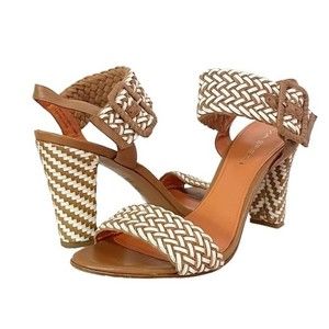 Via Spiga Woven Leather Heeled Ankle Strap Sandal Tan & White Women’s Size 9.5